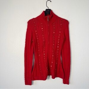 NWT Boston Proper Jewel Cable Peplum Embellished Cardigan Sweater Size Small Red